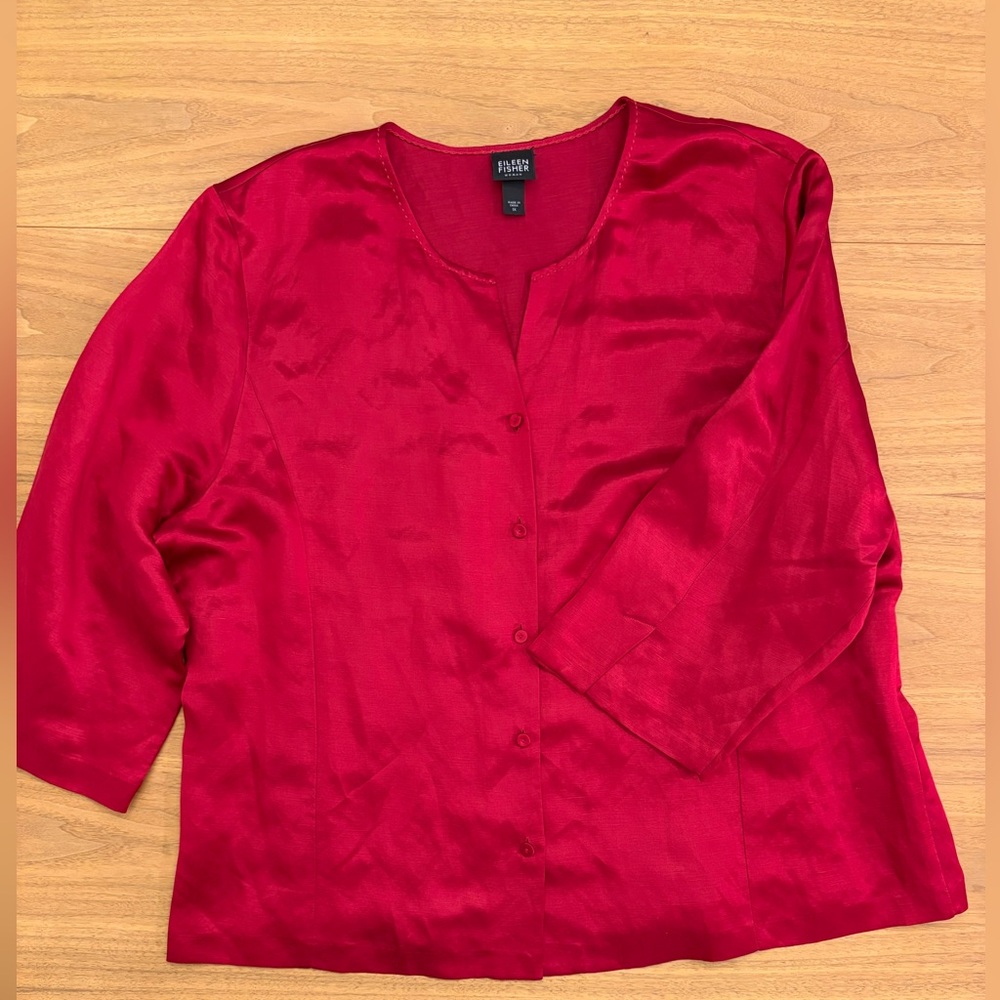 Eileen Fisher Silk Linen Blouse Red Button Down Career Office Timeless Luxury
